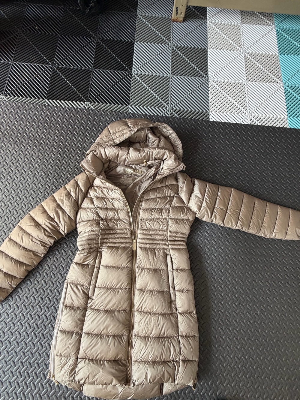 Michael Kors Taupe Quilted Hooded Lightweight Puffer Coat